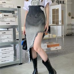 Skirts Gradient Grey Jeans Women High Waist Hollow Out Irregular Ripped Denim 2023 Harajuku Woman Clothing