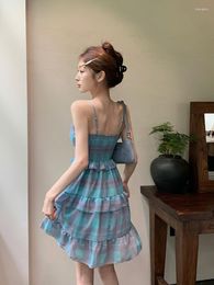 Casual Dresses Edible Tree Ruffle Strap Plaid Chiffon Mini Dress Women's 2023 Summer Clothing Elegant Y2k One-piece Store Korean