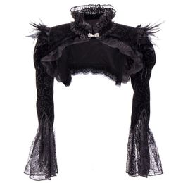 T-Shirt Black Victorian Gothic Bolero Women Jacket with Feathers Stand Collar Long Sleeve Lace and Corduroy Jackets Jaqueta Feminina