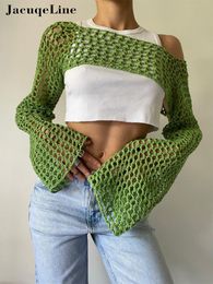 Women's T-Shirt Jacqueline Green Long Sleeve Knitting Crop Tops Women Summer Party Beach Sexy Hollow Out Smock T Shirts Fairy y2k Clothes 230707