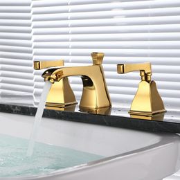 Bathroom Sink Faucets Luxury Gold Quality Brass Double Handle Three Holes Basin Faucet Golden Mixer Tap