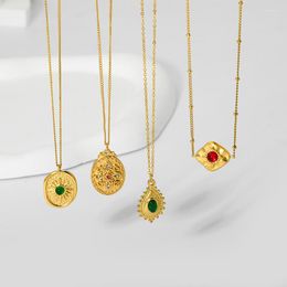 Pendant Necklaces 18K Gold Plated Stainless Steel Green Stone Geometric Luck Charms Necklace For Women Waterproof Texture Jewellery