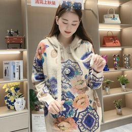 Women's Hoodies Fashion Knitted Women Autumn Winter Trendy High-end Vintage Hooded Coats Beaded Pullover Casual Loose Y2k Tops