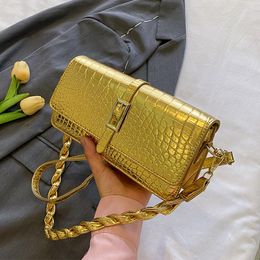 Evening Bags Woven Shoulder Strap Underarm Bag 2023 Satchel Gold Leather Women Designer Handbag Crocodile Pattern Crossbody