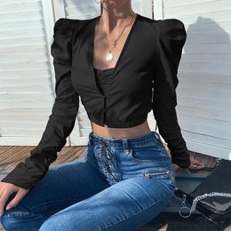 Women's T Shirts Winter Long Puff Sleeve V-neck Cardigan Crop Top T-shirts Elegant Office Ladies Casual Two-piece Bottoming Slim Clothing