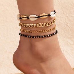 Anklets 4pcs/Set Bohemia Shell Charm Ankle Bracelet Beaded Braided String Link Ankles Gold Plated Beach Foot Chain Jewellery For Women