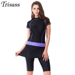 Women's Swimwear Trisass Two Piece Skirt Swimsuit For Women Sports Surf Suit Tankini Long Pants Bathing suit With Zipper Sleeve Swimwear 230707