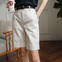Women's Shorts Summer Knee Length Straight Pants With Belt Office High Waist White Casual Short Suits Fashion Korean Style