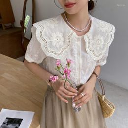 Women's Blouses Doll Collar Shirt Female French Design Niche Short-sleeved Women Tops 2023 Summer Embroidered Lace Korean Chic Sweet Blouse