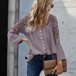 Women's Blouses V-neck 3/4 Flared Sleeve Solid Colour Single Breasted Women Blouse Hollow Out Lace Stitching Loose Shirt Top