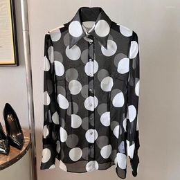 Women's Blouses High-Quality Women's Shirt Silk Fashion Runway Black And White Polka Dot Sexy Perspective Party Top Blouse Summer 2023