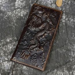 Men's vintage dragon genuine Leather Wallet Brown cowhide long bifold Chain snap wallet with phone pocket fashion long purse