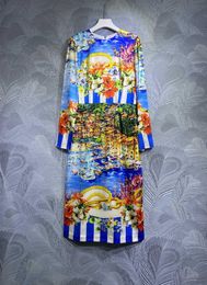 Dress Designer Fashion Flower Print 2023 Autumn/Winter Long Sleeve Loose Round Neck Dress Monochrome S-XL