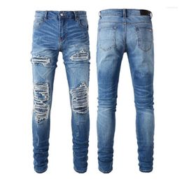 Men's Jeans Light Blue Ripped Streetwear Fashion Distressed Skinny Stretch Destroyed Ribs Patches