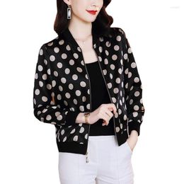 Women's Jackets Clothes Baseball Autumn Coat 2023 Casual Cardigan Jacket Polka Dot Black Long-sleeved Short Tops Silk Size 3XL