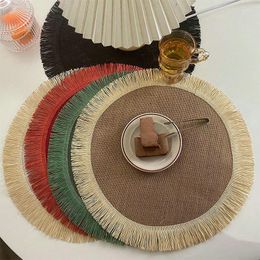 Table Mats 6PCS/Set Round Jute Placemat Linen Ins Wind Simple Fringe Decoration Pography Prop Kitchen Heat Insulation Non-Slip Mat