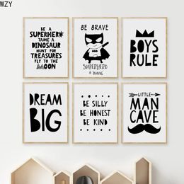 SuperHero Crown Big Dream Quote Wall Art Canvas Painting Black White Boy Kids Room Decor Nordic Posters And Prints Wall Pictures Gift For Friend w06