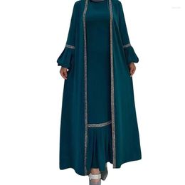 Ethnic Clothing 2023 Middle East Muslim Dress Set Long Sleeves Coat Sequins Patchwork Cardigan And Pleats Bottom Party Gowns