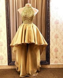 Gold High Low Prom Dresses Short Front Long Back A Line Glitter Sequined Evening Gowns Halter Backless Sexy Special Occasion Wear Cocktail Party Dress