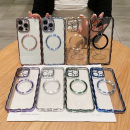 Luxury Plating Wave Side Cases For Iphone 15 14 Pro MAX Plus 13 12 11 Magnet Wireless Charging Magnetic Bling Chromed Soft TPU Metallic Clear Transparent Fine Hole Skin