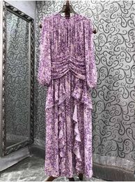 Casual Dresses 2023 Autumn Long Dress High Quality Clothes Women Pleated Ruffle Floral Deco Sleeve Elegant Party Purple Maxi