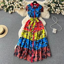 Party Dresses Clothland Women Sweet Print Shirt Dress Short Sleeve Single Breasted Sashes One Piece Chic Maxi Vestido QC139