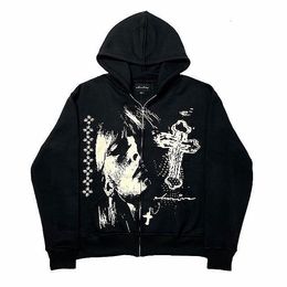 Men's Hoodies Sweatshirts black loose zipper hoodie men American cross head print street Harajuku oversized sweatshirt Y2K punk Japanese couple jacket 230707