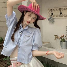 Women's Blouses Summer Korean Shirt For Women Casual POLO Collar Chain Lace Up Sweet Versatile Short Sleeve Top Solid Colour Mujer Blusa