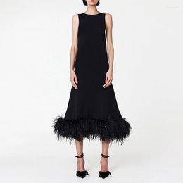 Casual Dresses 2023 Occidental Style Design Dress For Elegant Women Ladies Sleeveless Hemline With Feather Female Loose Outfit