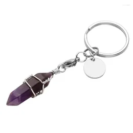 Keychains Silver Plated Lobster Clasp Circle Wire Wrap Amethysts Stone Key Chain Rose Pink Quartz Hexagon Prism Jewelry