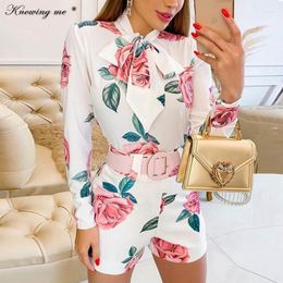 Women's Tracksuits 2023 Spring Bow Tie Collar Shorts Women Fashion Floral Print Suit Office Lady Casual Long Sleeve Shirt Two Piece Set