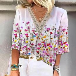 Women's Blouses Women T-shirt Flower Print V Neck Hollow Out Female Top Loose Three Quarter Sleeves Pullover Lace Shirt