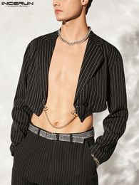 Men's Suits Blazers INCERUN 2023 Fashion Men Striped Blazer Lapel Long Sleeve Chain Open Stitch Casual Streetwear Personality Crop 230707