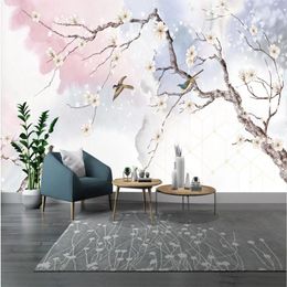 Wallpapers HD Chinese Style Hand-painted Watercolour Flowers And Birds Wall Painting Mural Wallpaper 3D Modern Warm Colours Paper