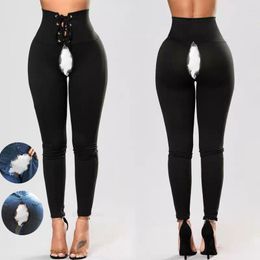 Women's Pants Sexy Invisible Open-Seat High Waist Jeans Full Length Outdoor Sex Convenient Trousers Denim Clothing Large