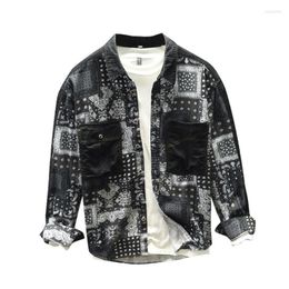 Men's Casual Shirts Cotton Paisley Bandana Spring Shirt Men Turn Collar Geometric Patchwork Harajuku Plaid Long Sleeve Tops