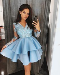 Long Sleeves Prom Dresses Short A Line Tiered Satin Homecoming Dress V-Neck Lace Appliques Light Sky Blue Simple Special Occasion Party Gowns