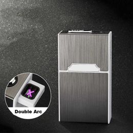 USB Double Arc Plasma Lighter Automatic Cigarette Case Metal Cigarette Boxes 20PCS Cigarette Holder Case Gadget For Men Gifts 7N2L