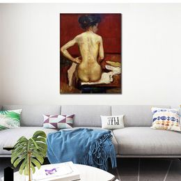 Colourful Abstract Art Ack View of Sitting Female Nude with Red Background Edvard Munch Painting Modern Living Room Decor Large
