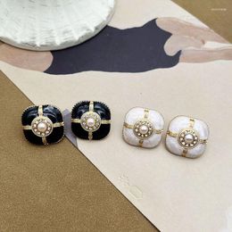 Stud Earrings Square French Styles Enamel Black White Rhinestone Metal Lines Accessories