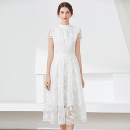 Party Dresses Lace Embroidered Women Summer Dress Fashion Stand Collar Elegant Slim Vintage White Female Vestidos