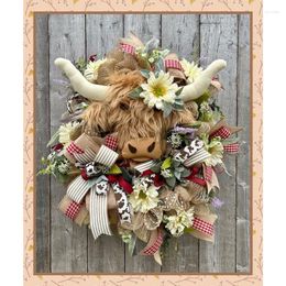 Decorative Flowers Highland Cow Wreath Spring Decoration Garland Pendant Home Holiday Props