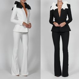 White Black Women Pants Suits Custom Made Blazer With Big Bow Female Celebrity Show Wear Prom 2 Pieces