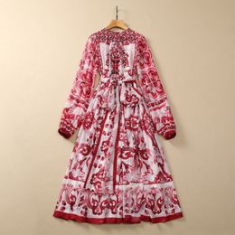 2023 Summer Red Paisley Print Belted Chiffon Front Split Dress Long Sleeve Round Neck Midi Casual Dresses S3Q060705 Plus Size XXL