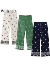 Womens Pants Capris Willshela Women Fashion Flax Embroidery Front Zipper Straight Vintage High Waist Full Length Female Chic Lady Trousers 230707