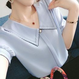 Pants 2022 Summer New Women Elegant Fashion Peter Pan Collar Solid Allmatch Blouses Korean Button Short Sleeve Pullovers Shirt Female