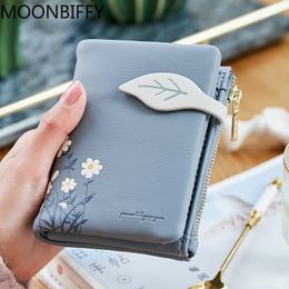 Wallet for Girls Student Coin Purse Leaf Pattern Hasp Ladies Purse Soft PU Leather Small Short Wallets Female Zipper Money Bag