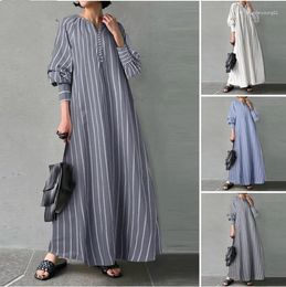 Ethnic Clothing Muslim Abaya Dress Abayas Women Striped O Neck Long Sleeves Loose Casual Dresses Caftan Kaftan Elegant Vestidos Party