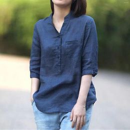 Women's Blouses Ladies Tops 2023 Fashion V-Neck Long Sleeve Solid Colour Cotton And Linen Shirt Office Work Shirts