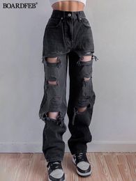 Womens Jeans Women Ripped Hole Vintage Straight Baggy Streetwear Hip Hop High Waist Pants Ladies Y2K Wide Leg Casual Denim Trousers 230707